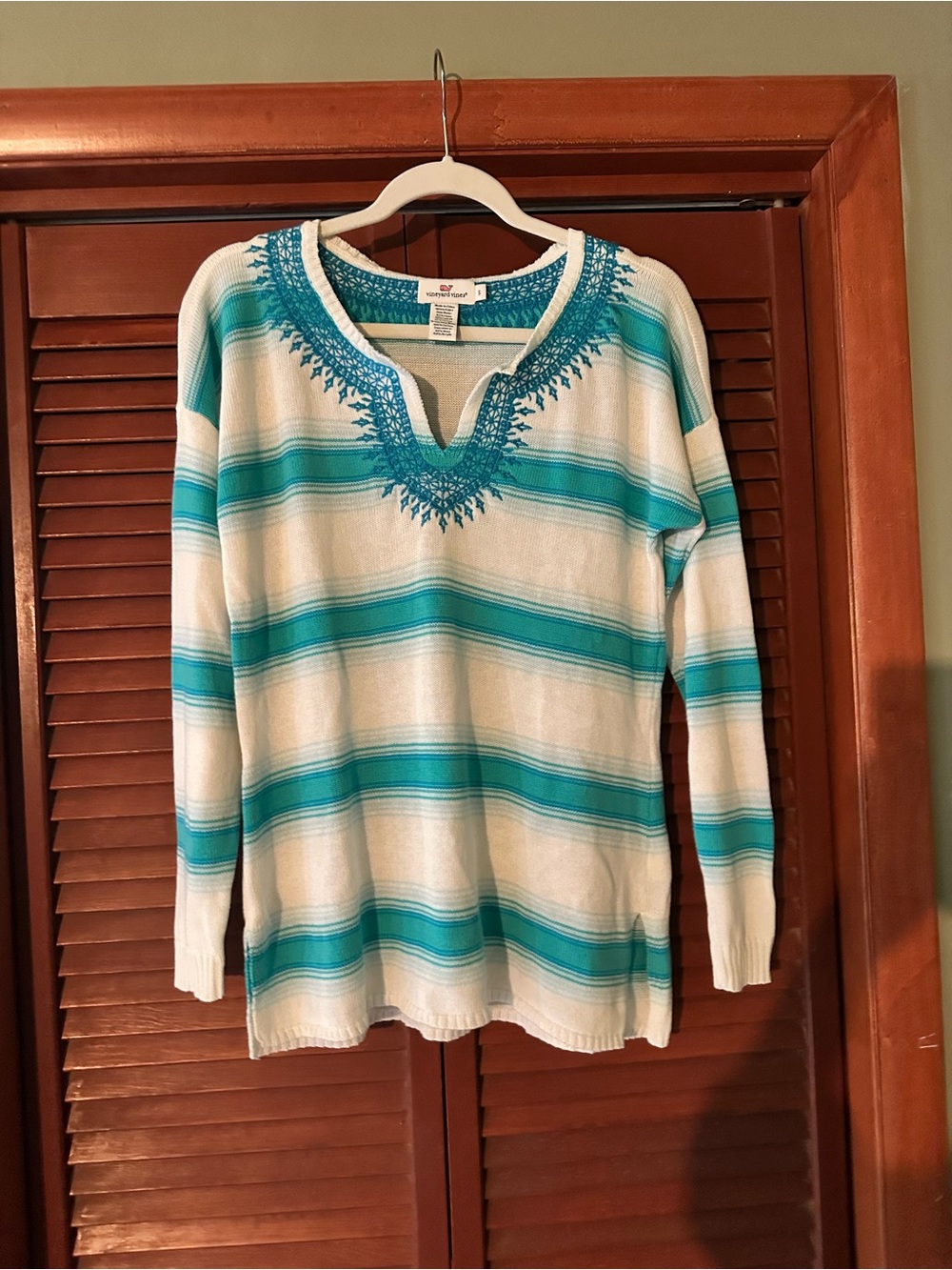 Vineyard Vines Teal & White Striped Embroidered Scoop Sweater